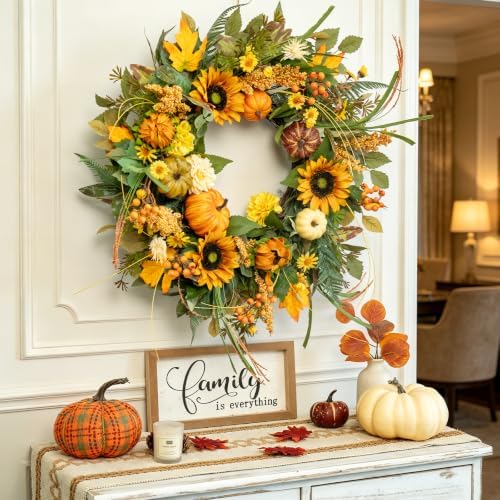 24 Inch Fall Wreaths for Front Door Outside with Sunflowers,Pumpkins,Leaves - Image 6