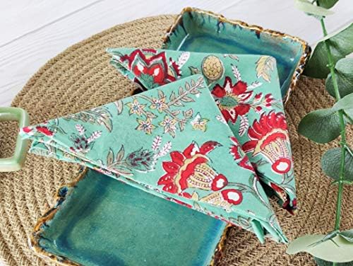 Cotton Print Dinner Napkins 18x18 inches - Washable Cloth Napkins Set of 6 - Everyday Use or Dinner Party & Events - Teal Green Indian Block Printed Soft Fabric by Craftbot - Image 3