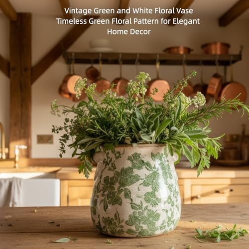 Vintage Green and White Ceramic Floral Vase Planter, Rustic Crackle Glaze Pottery Jar, Hand-Painted Floral Pot Design for Flowers or Plants, Farmhouse & Cottage Home Decor Accent - Image 2