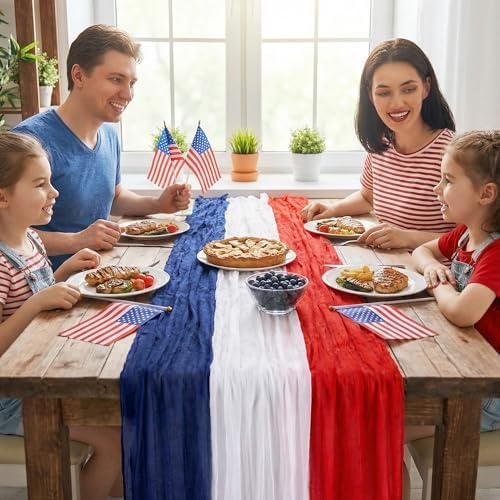 RunNico 4 Pack 4th of July Cheesecloth Table Runner - 120" Long Rustic Patriotic Gauze Table Decor - Red White Blue Tie Dye for Independence Day, Memorial Day, Summer Party - Image 6