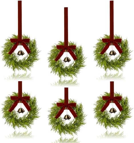 6Pcs Mini Christmas Cedar Wreath, 12 Inch Small Wreaths for Kitchen Cabinets, with Deep Red Bow Vintage Bells Pine and Cypress Leaves for Fireplace Window Farmhouse Indoor Home Decorations by JUSTOTRY
