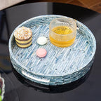 PEMAR 12.6” Mother of Pearls Lacquer Inlaid Round Serving Tray with Handles, Round Decorative Nacred Wooden Ottoman Coffee Table Tray (Blue Tiles) - Image 5
