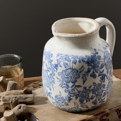Ceramic Flower Vase, Vintage Utensil Holder, Blue and White Decorative Vase Chinoiserie Decor Rustic Farmhouse Retro Floral Vases for Table Bookshelf Mantel Kitchen Living Room Office - 6.7” Blue 016 by ooit