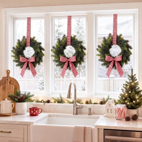 Thiccywoov 6 Pcs 9" Mini Christmas Wreaths for Cabinets with Plaid Bow - Image 2
