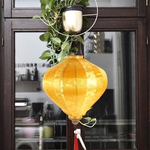 Uonlytech Vietnamese, Japanese Silk Lanterns Hoian Lamp Oriental Tassel Oval Lunar New Year Decorations Yellow - Image 5