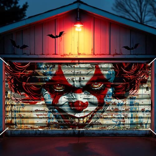 Halloween Garage Door Decorations Scary Clown Garage Door Banner Cover 6x13 Ft Rusty Horror Spooky Joker Extra Large Halloween Party Backdrop Decor Outdoor Holiday Background Sign Supplies by Wayyogh