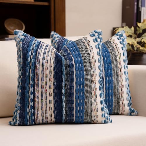 Boho Chenille Tufted Throw Pillow Covers 18x18 Inch Set of 2 Farmhouse Blue Woven Striped Decorative Pillowcases for Couch Sofa Bed by KOOLIFE