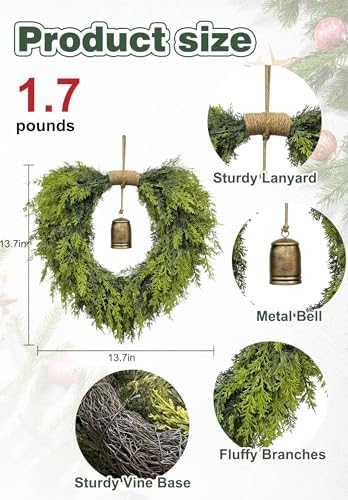 20" Heart-Shaped Wreath for Front Door – Faux Greenery with Rustic Bell – Waterproof & Fade-Resistant Christmas Decor for Porch, Holiday Wall or Indoor Use - Image 2