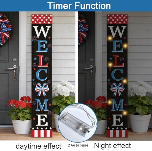 4th of July Welcome Sign with LED Lights, 47" Patriotic Wooden Door Porch Standing Decor Signs, Independence Day 250th Front Door Porch Decor, Memorial Day Home Yard Party Wall Hanging Decoration - Image 3
