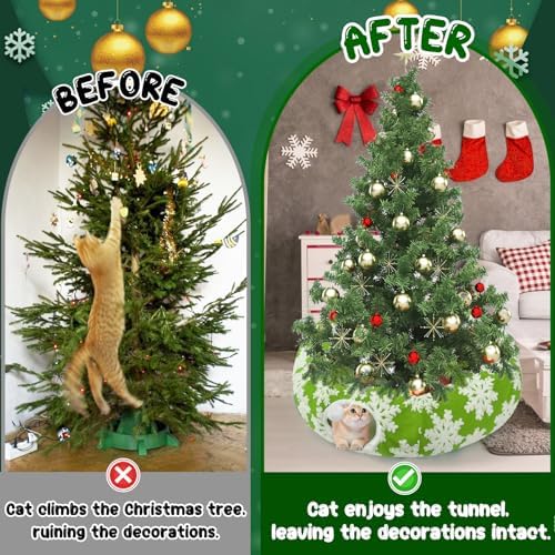 Cat Tunnel Christmas Tree Skirt for 5-7.5ft Trees - Prevent Christmas Tree Falling, Snowflake Patterns Warm Soft Cat Tube Bed with Anti-Slip Mat - Image 3