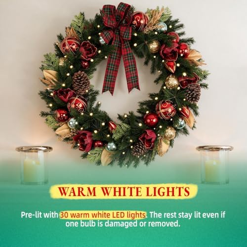 Hykolity 24 Inch Pre-Lit Magnolia Christmas Wreath with 30 Warm White LEDs and Timer, Battery Operated Artificial PE & PVC Wreath with Burgundy Flowers, Ornaments and Plaid Bow for Front Door - Image 5