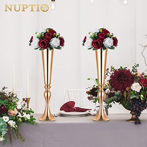 NUPTIO Flower Wedding Centrepieces for Tables - 6 Pcs 9.5in Diameter Burgundy & White Artificial Flowers Rose Ball for Centerpieces Table - Fake Rose Arrangements for Weddings Birthday Party Decor - Image 3