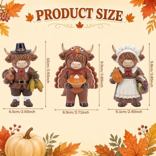 Simgoing 3 Pcs Fall Highland Cow Figurines Pilgrim and Turkey Cow Decor - Image 2