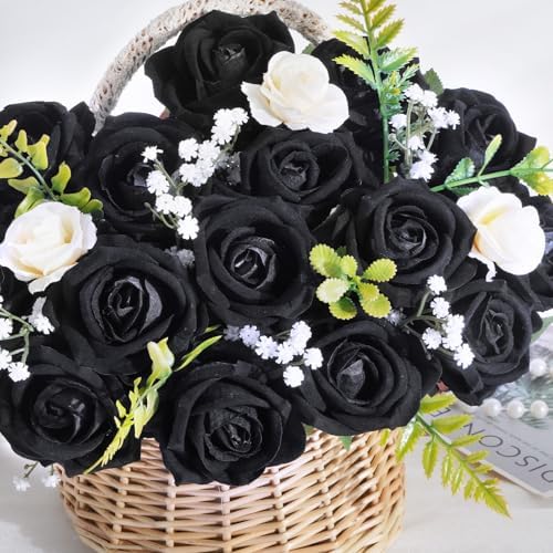 50Pcs Black Roses Artificial Flowers, Real Touch Velvet Fake Roses Bouquet - Image 2