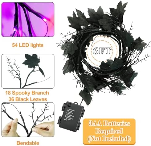 6 Ft 54 LED Willow Vine Twig Decor Black Garland Halloween with Orange Purple Lights -Battery Operated 8 Modes & Timer for Indoor Halloween Decorations - Image 2