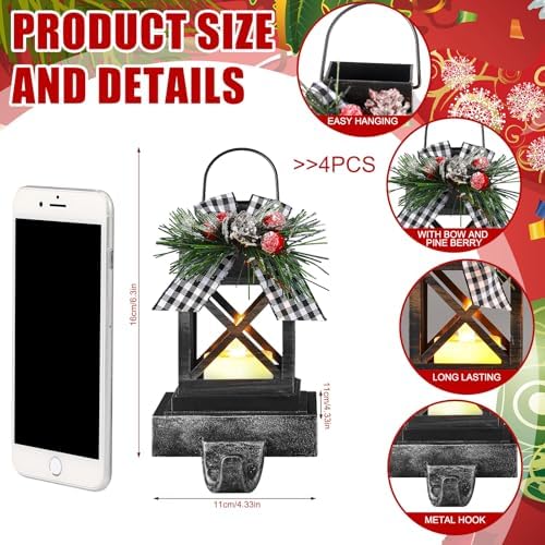 Therwen 4 Pcs Christmas Stocking Holders Lantern, LED, Classic, Black - Image 2