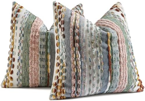 AmHoo Set of 2 Chenille Tufted Striped Textured Boho Throw Pillow Covers Aesthetic Woven Decorative Pillow Case for Couch Bed Sofa Bedroom Modern Funky 18 x 18-Inch Multicolor by AmHootextile