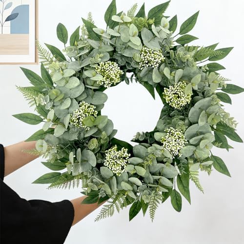 24" Faux Eucalyptus Fern Wreath for Front Door, Year-Round Farmhouse - Image 2