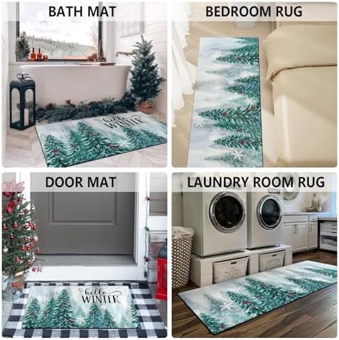 Winter Kitchen Rugs and Mats for Floor Set of 2,Merry Christmas Pine Trees Snowy Forest Red Cardinal Birds Xmas Holiday Sink Mat Non Skid Washable for Home Farmhouse Decor 17"x48"+17"x30" - Image 6