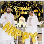 Mocsicka Ramadan Mubarak Decorations Backdrop Blue Gold Muslim Ramadan Kareem Banner Eid Mubarak for Home Muslim Party Supplies (Black, 8x6ft) - Image 6