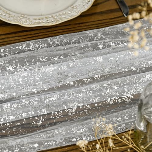Artoid Mode White Silver Gauze Table Runner 120 Inch 10Pcs, Glitter Metallic Foil Sheer Dining Holiday Wedding Anniversary Birthday Table Decor for Home Party - Image 3