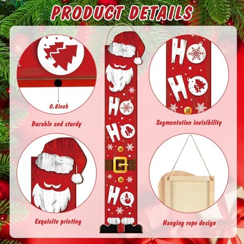 SmoothNovelty Christmas Wooden Porch Sign 47'' Merry Christmas Welcome Porch Signs for Front Door Home Xmas Tree Snowman Wooden Vertical Standing Decor for Garden Yard Party Decor(Santa Claus) - Image 4