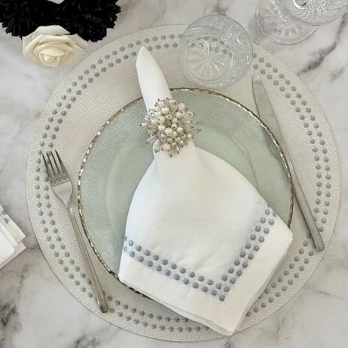 Bodrum Pearls Round Embroidered Placemats Set of 4 – 15" Elegant Table Mats for Dining, Weddings & Special Occasions, Decorative, Wipe-Clean Vinyl Placemats, Antique White/Silver - Image 5