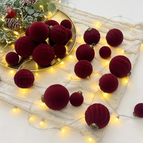 XmasExp 36PCS Velvet Christmas Ornaments Set Mixed Flocked Balls Ornaments Shatterproof Christmas Tree Decorations for Holiday,Party,Home(Burgundy) - Image 4