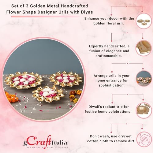 eCraftIndia Set of 3 Golden Metal Handcrafted Decorative Urlis Bowl for Floating Flowers - Diwali Decoration Items for Home Decor- Housewarming, Diwali Gift. - Image 5