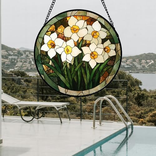 White Lily Flower Leaves Stained Glass Window Hanging Suncatcher Gifts 12" - Image 5