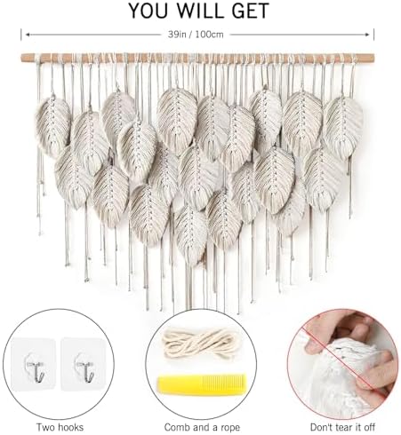 Macrame Wall Hanging Boho Beige Handmade Leaf Tapestry Wall Art Home Decor - Image 3