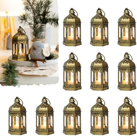 Mini Moroccan Lanterns with Flicker LED Candles Set of 12, Gold Vintage Decorative Hanging Lanterns for Ramadan, Christmas, Halloween, Wedding, Party, Table Centerpiece, ABS Plastic and Glass by ReperlaSpecialMiniSmallLanternDecoration
