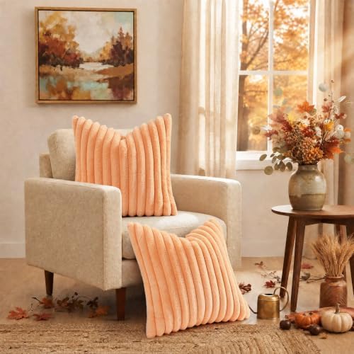 decorUhome Fall Faux Fur Throw Pillow Covers 26x26 Set of 2 Light Orange - Image 2