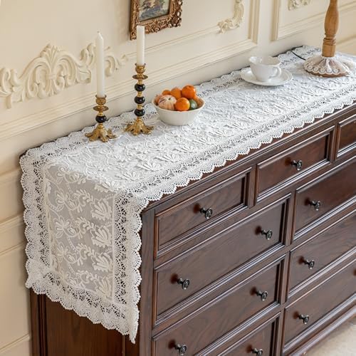 White Elegant Vintage Lace Table Runners,Wedding Lace Decor with Floral Embroidery,Tea Party Decor (White, 13.8X94.5 Inches) - Image 3