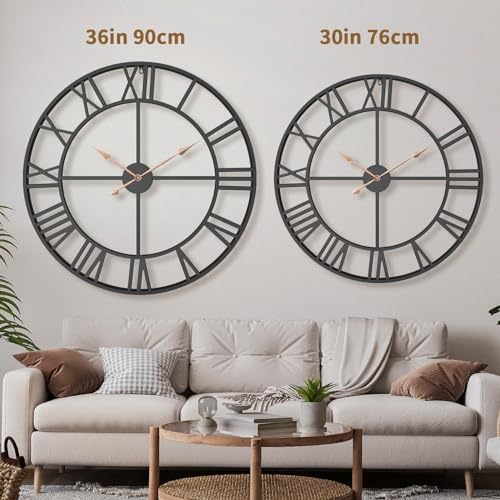 Pytha Sight 36 Inch Black Metal Roman Numerals Extra Large Giant Wall Clock - Image 2