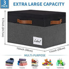 GhvyenntteS Fabric Storage Bins with Lids 3 Pack, Closet Storage Boxes with Lid and 3 Handles, Foldable Storage Baskets with Lids and Label Window for Home Office (Grey&Black, 15" x 11" x 9.7") - Image 3