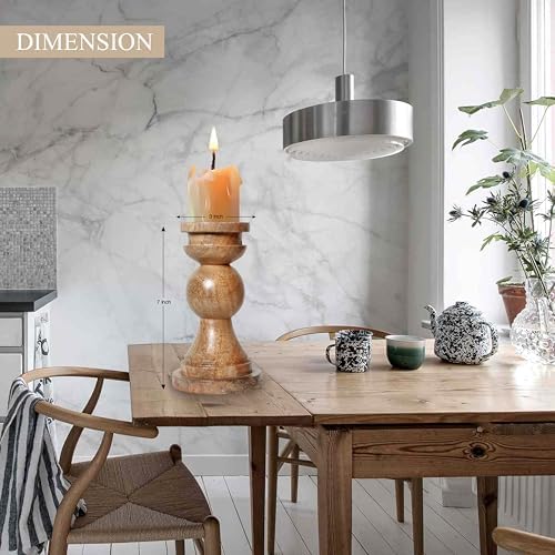 Rustic Wooden Candle Holders Set of 2, Handcrafted Antique Farmhouse Pillar Candle Stand for Home Decor, Vintage Decorative Mango Wood Taper Holder for Mantel, Living Room, Wedding, Table Centerpiece - Image 3