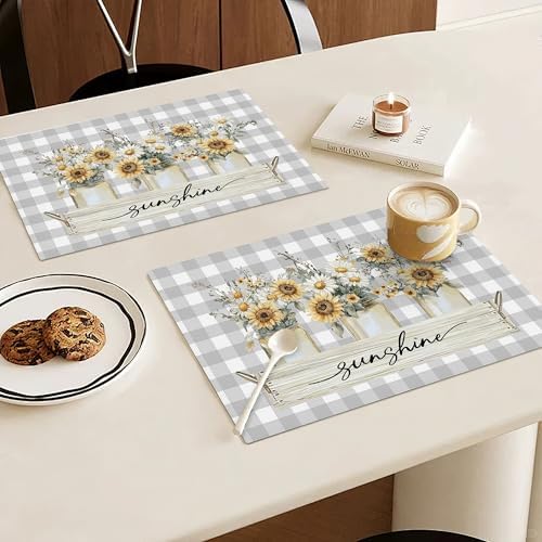Sunflower Spring Placemats Set of 6, 12x18 Inch Summer Sunshine Flower Table Place Mat Floral Washable Non-Slip Heat Resistant Fabric Placement Mats for Dining Kitchen Indoor Outdoor Decor - Image 2