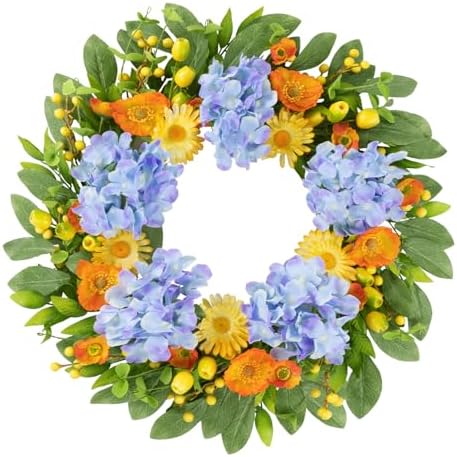 U'Artlines 22 Inch Spring Summer Wreaths for Front Door, Artificial Hydrangea Wreath with Green Leaves Berries, Large Silk Floral Wreath for All Seasons Window Wall Wedding Decor by UArtlines