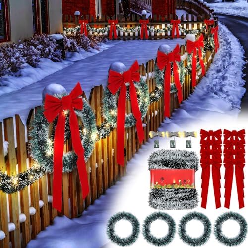 Riceshoot 50 Feet Christmas Garland with Lights 8 Red Bows Outdoor Fence by Zuqqaaoor