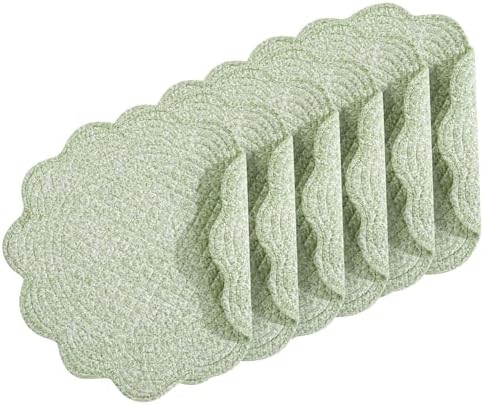 HOMBYS Quilted Placemats Set of 6 Washable Round Placemats for Kitchen Table-100% Cotton Fabric 14 Inch Round Table Mats, Cotton Fabric with Microfiber Filling, (14"x14", White & Green Flower) by HOMBYS