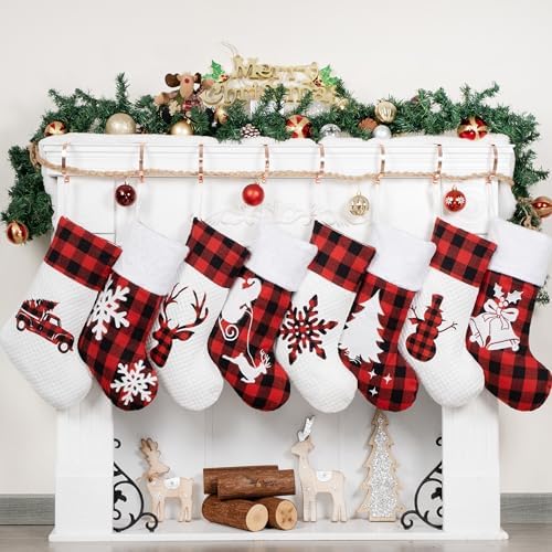 LUBOT Set of 8 Christmas Stocking(20inch) Silhouette Buffalo Red Plaid/Rustic/Farmhouse/Country Cotton Fireplace Hanging Xmas Stockings Decorations for Family Holiday Season Decor - Image 2