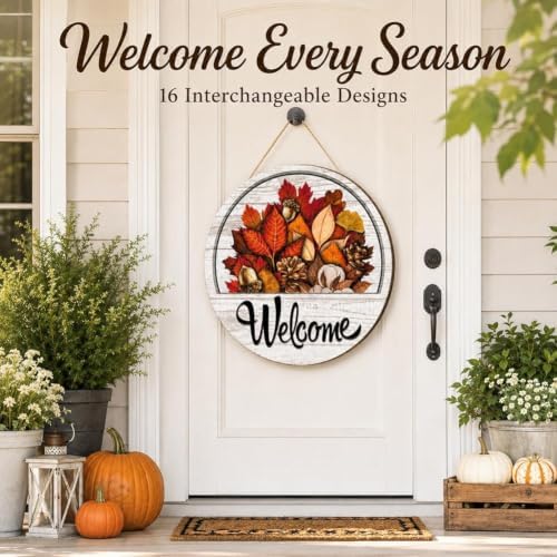 16PCS Interchangeable Welcome Sign for Front Door Seasonal Magnetic Wooden - Image 2