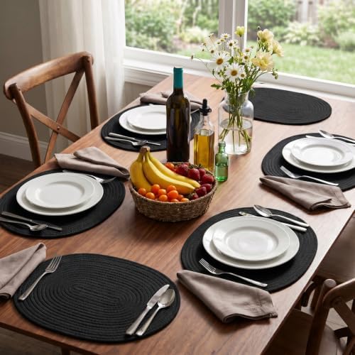 Oval Woven Cotton Placemats Set of 6, Thick Braided Rope Table Mats, 17 x 13 Inches Large Non Slip Heat Resistant Place Mats for Dining Table, Farmhouse Boho Hot Pads for Kitchen Decor (6, Black) - Image 5