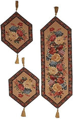 DaDa Bedding 3-Pieces Vintage Tapestry Table Runner Set - Botanical Floral Breath of Springs Woven Lovely Garden with Golden Tassels - Romantic Dining Night Place Mat for Two by DaDalogyBeddingCollection