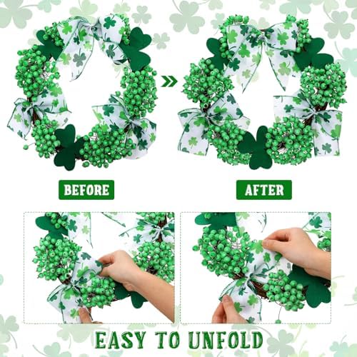 Drydiet St. Patrick's Day Decoration Set Include Non Slip Welcome Clover Imitation Coir Doormat Irish Green Shamrock Wreath with Bow for Spring Outdoor Front Door Entrance Home Wall Window Porch Decor - Image 3