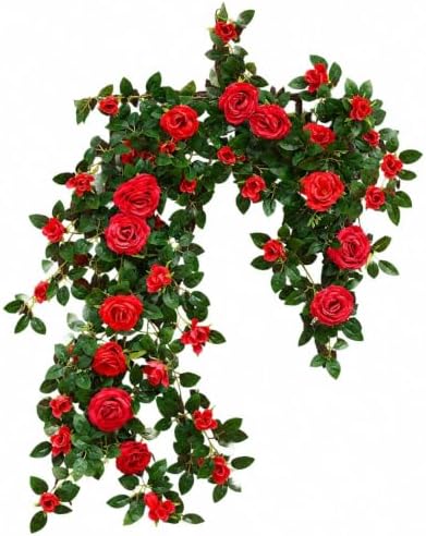 71in Artificial Rose Vine Silk Flower Garland Wedding Garden Decor(Red) by Unknown