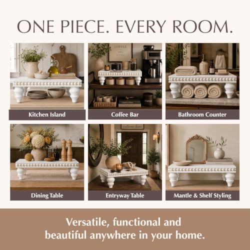 Felt Creative Home Goods Decorative Wood Risers for Decor | Tiered Tray Stand | Farmhouse Beaded Riser Stand for Decor | Wooden Pedestal Stand Large 12x16 Beaded Tray for Kitchen Coffee Bar (White) - Image 2