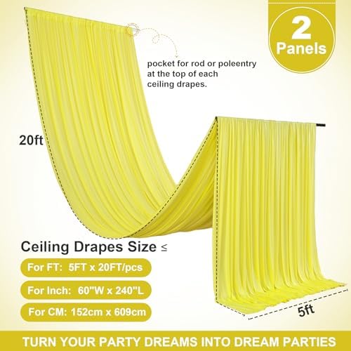 2 Panels 5ft(W) x 20ft(H) Yellow Ceiling Drapes for Wedding Parties - Image 6