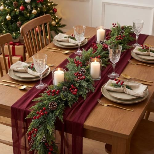2 Pcs Christmas Burgundy Cheesecloth Table Runner and Garland by Unknown